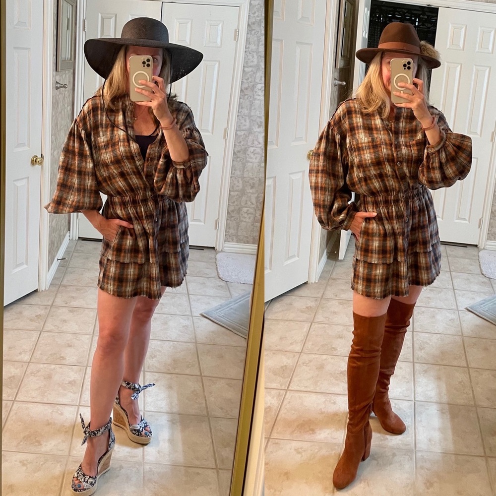 Plaid mini dress with puff sleeves & POCKETS! Perfect Fall transition outfit 🍁